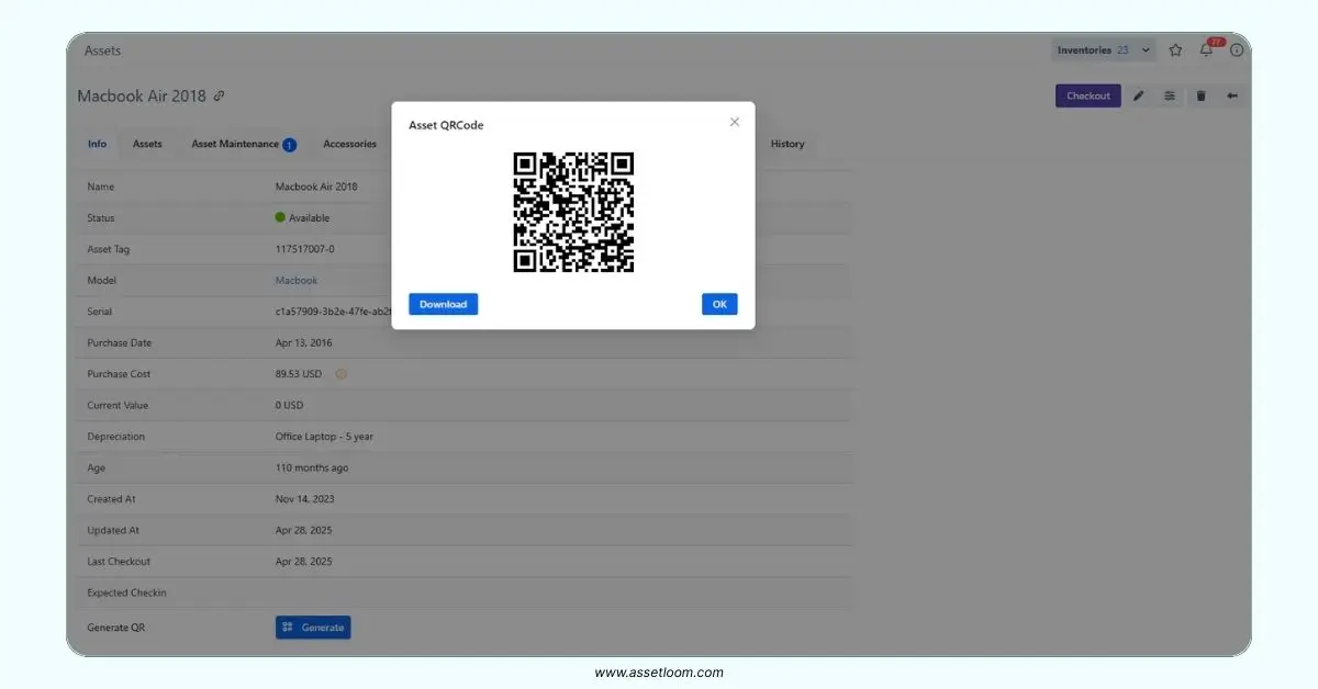 AssetLoom generates QR codes based on asset tags AssetLoom generates QR codes based on asset tags