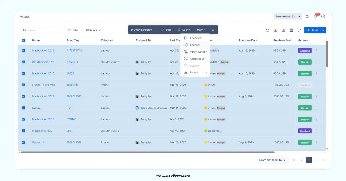 Bulk check in function in AssetLoom Bulk check in function in AssetLoom